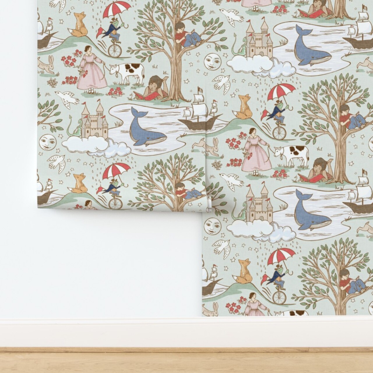 Whimsical Fairytale Reading Story Time Storybook Children Toile Whale Frog Tree Pirate Ship Moon Stars Dragon Castle Clouds Fox Rabbit Bunny Custom Removable Wallpaper by Spoonflower Peel & Stick Wallpaper 2FT Wide
